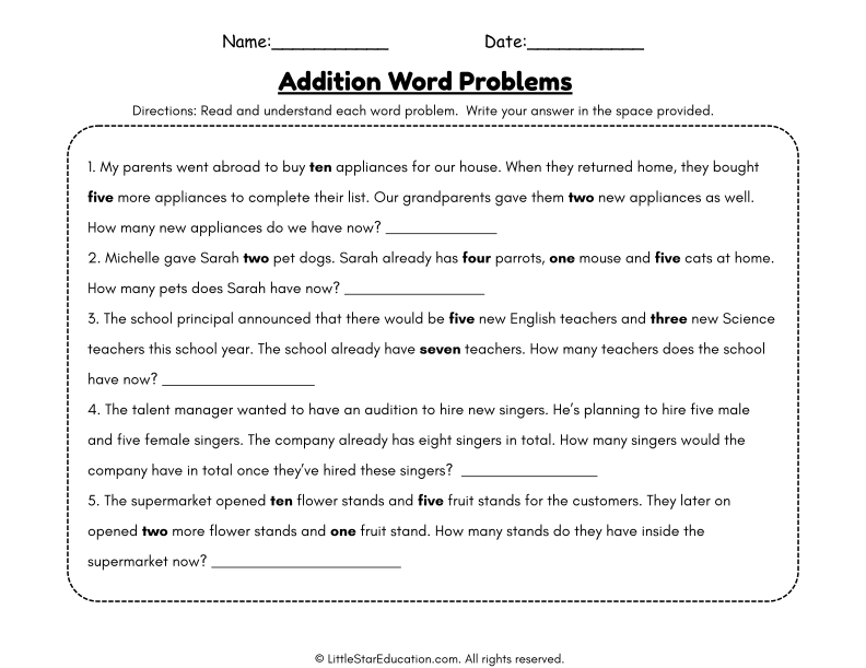 Addition Word Problems Online Activity For Grade 1